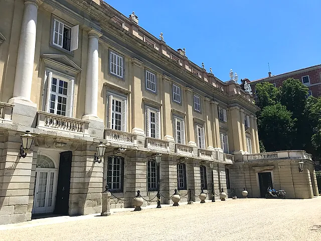 The garden front of the Palacio de Liria, with tall windows and a stone balustrade