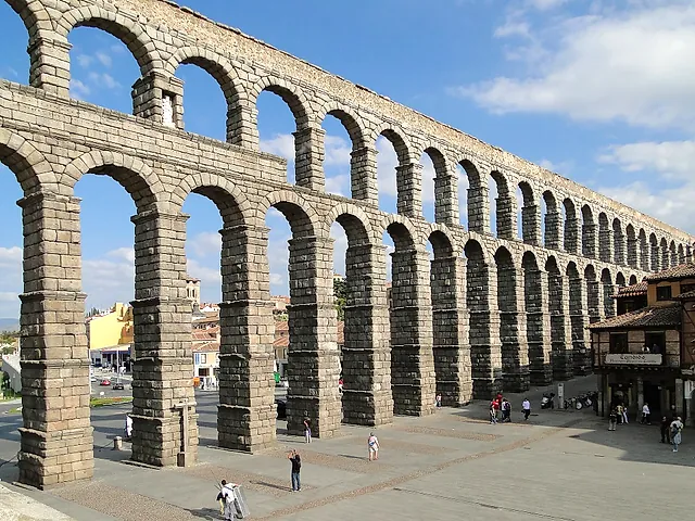The Roman aqueduct of Segovia, with its tall granite arches in two rows